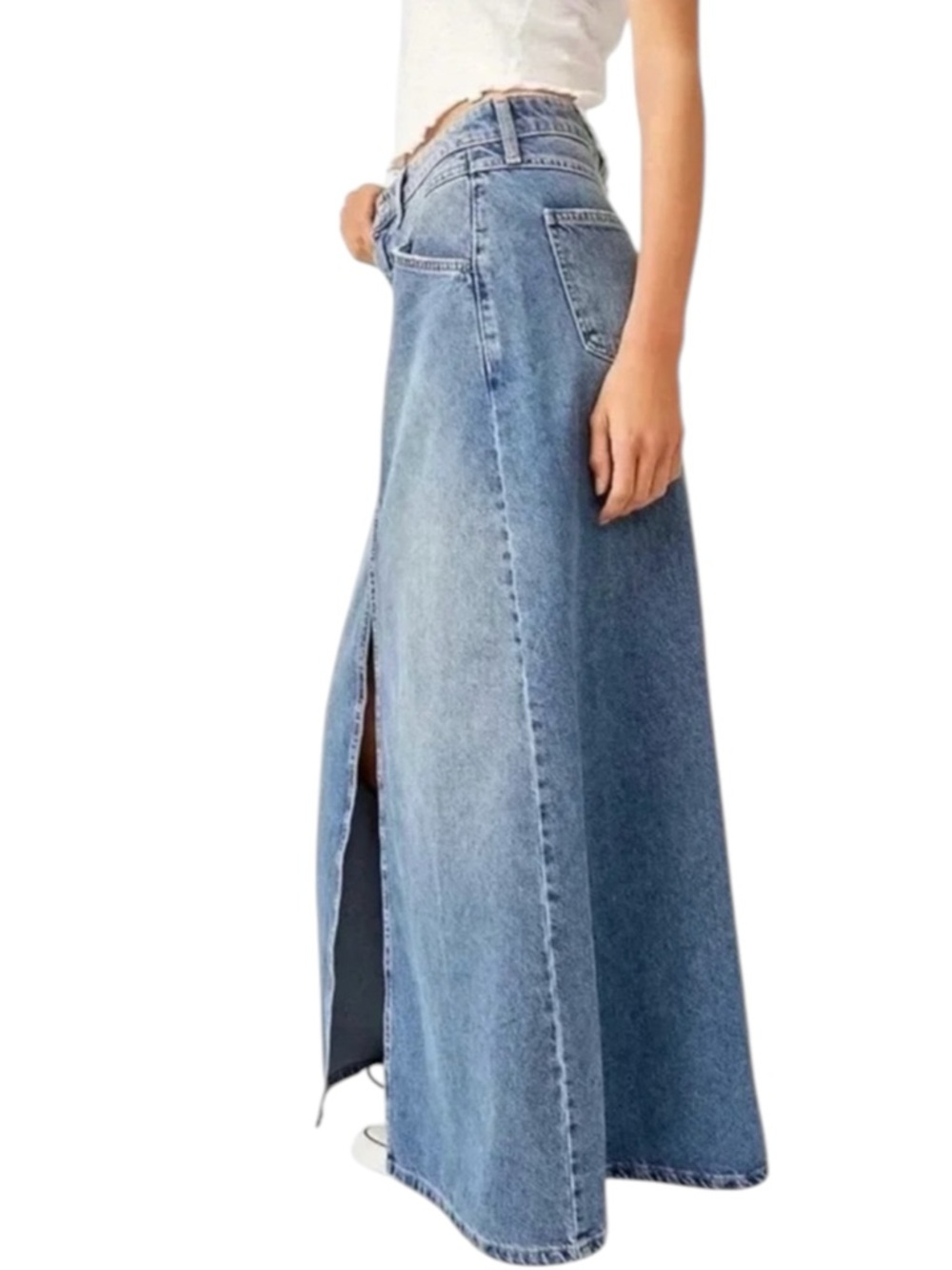 Free People Denim Maxi Skirt Size 12 NWT Come As You Are Mid Rise Blue - Picture 4 of 15